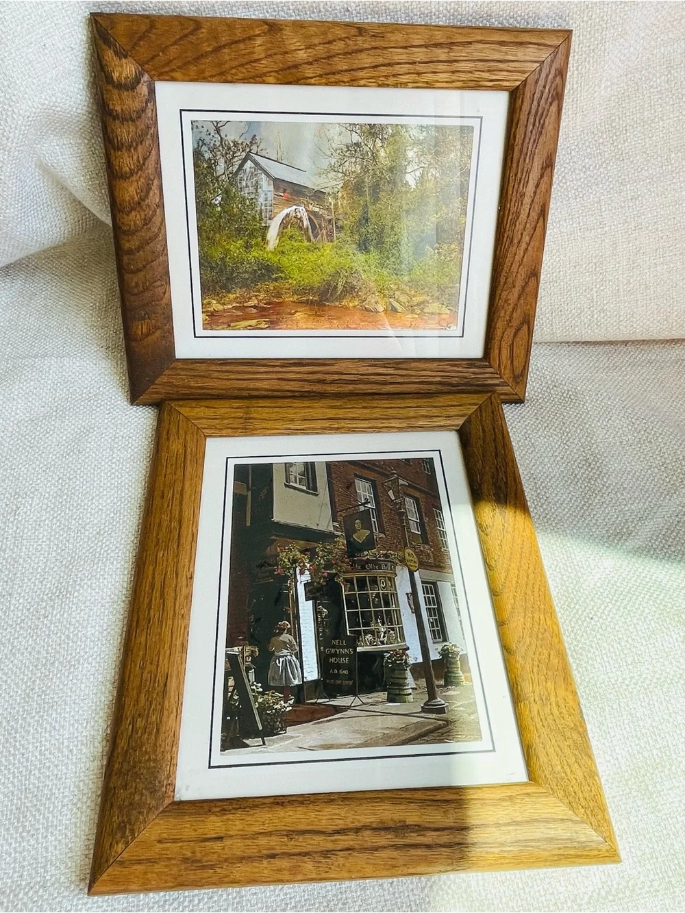 (2) Vintage MCM Foil Art Classic Oak Wood Picture Frames